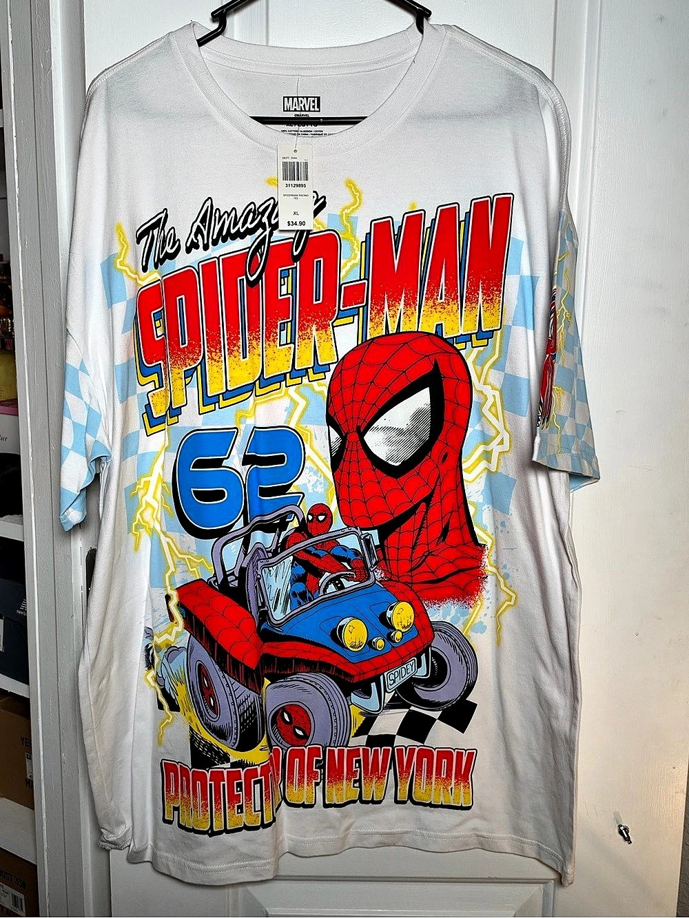 Marvel Spider-Man Protector of New York Graphic T-Shirt Tee White & Blue XL
